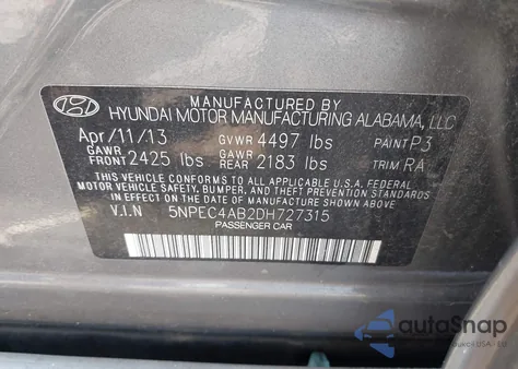 2013 Hyundai Sonata Se 2.0T from USA, damaged, VIN 5NPEC4AB2DH727315